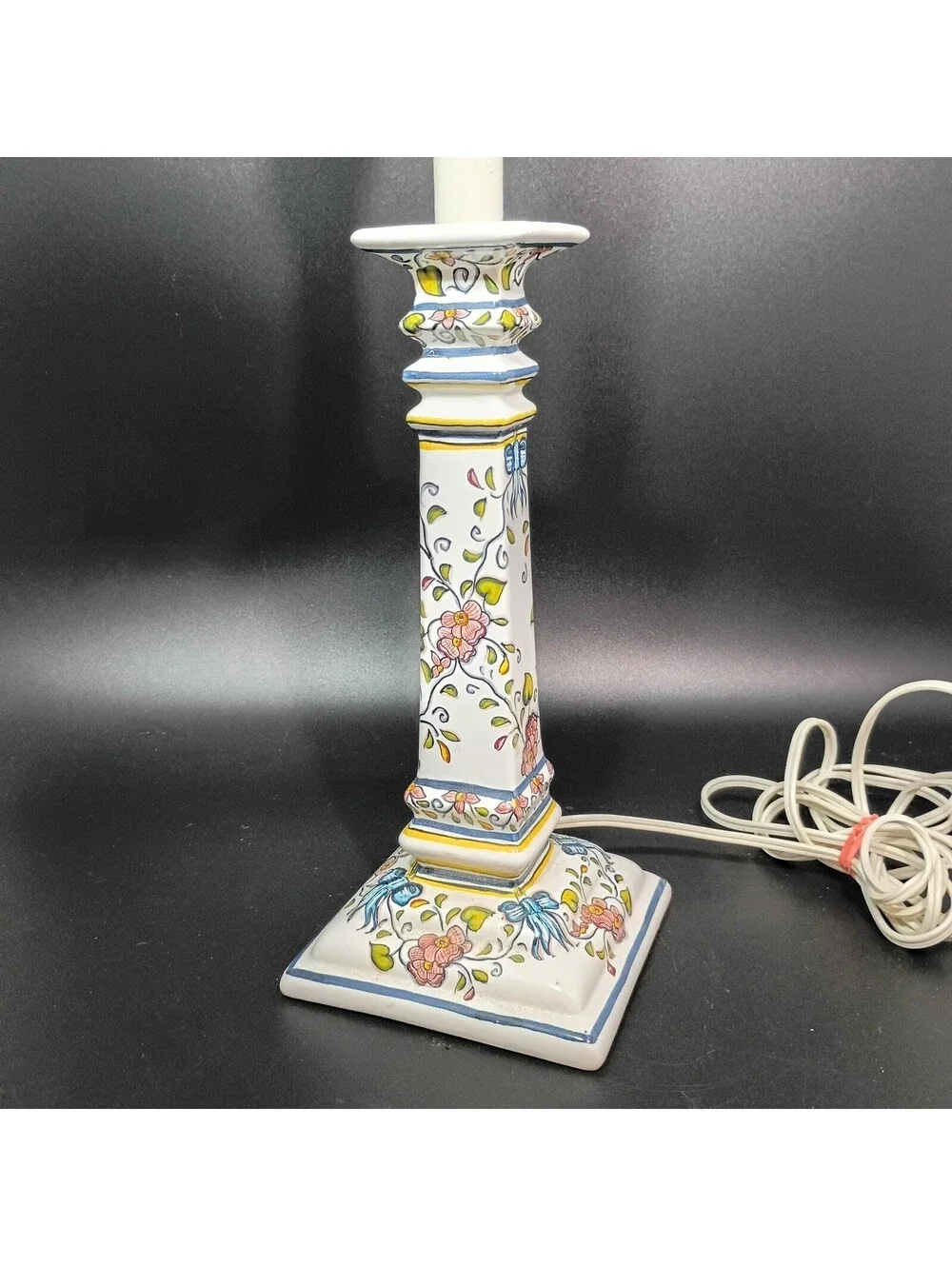 Vintage Made In Portugal Hand Painted Floral Table Lamp Flowers Vines Bows